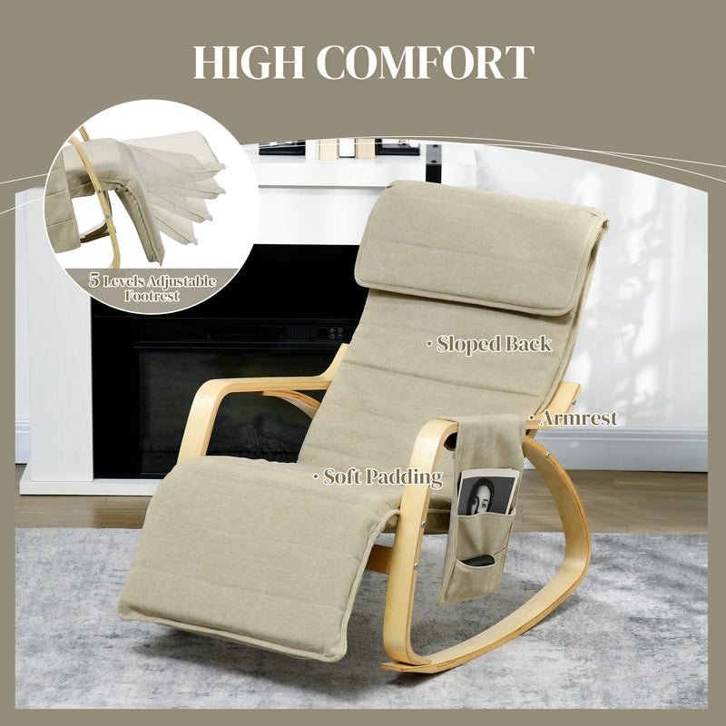 Rocking Recliner Lounge Chair with Adjustable Footrest and Side Pocket for Relaxing Khaki