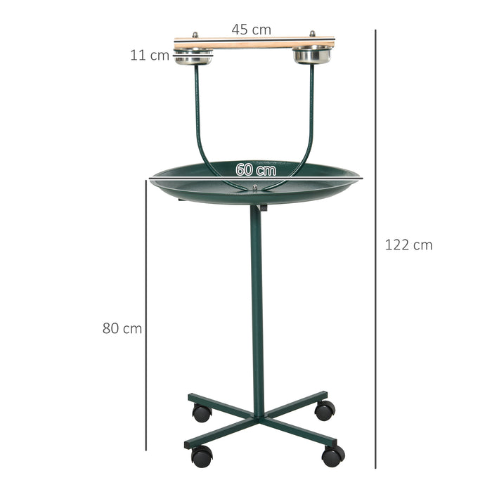 Green Bird Perch Stand with Wheels and Feeding Bowls for Small and Medium Birds by PawHut