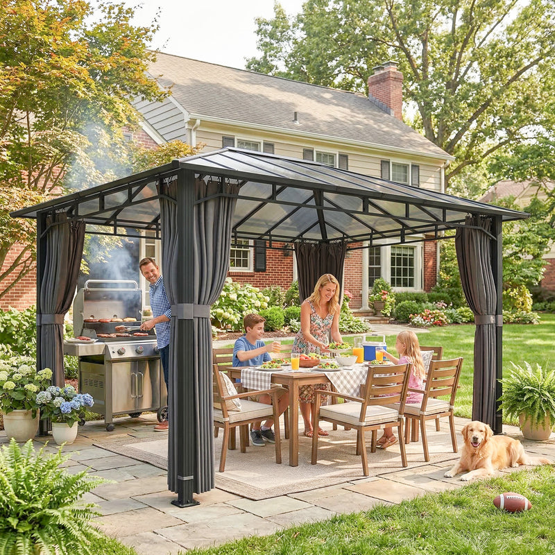 3x4m Garden Gazebo with Polycarbonate Hardtop Roof for Year Round Shelter and Privacy Dark Grey Outsunny