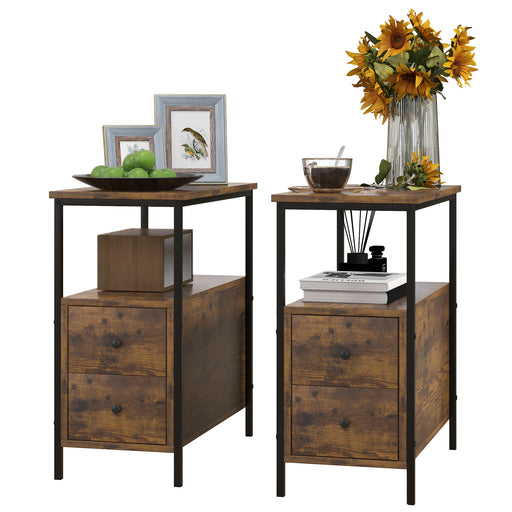 Set of 2 Industrial Style Narrow Bedside Tables with Drawers and Shelf for Small Spaces Rustic Brown
