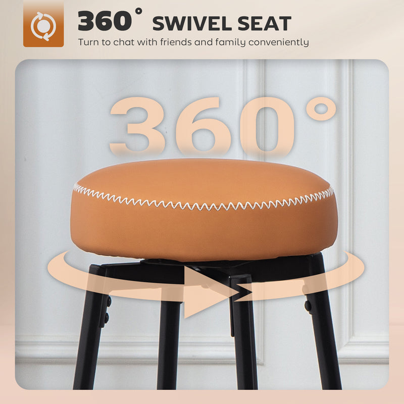 Pair of Adjustable Faux Leather Bar Stools with Footrest for Home Bar or Kitchen, Brown Seat With Black Legs