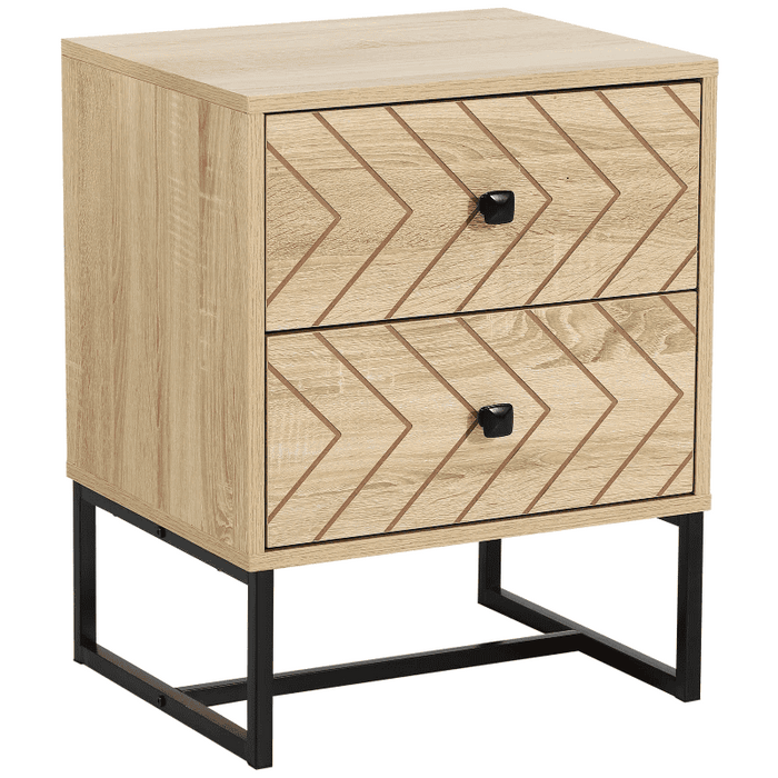 2 Drawer Nightstand, Zig Zag Design With Black Metal Handles