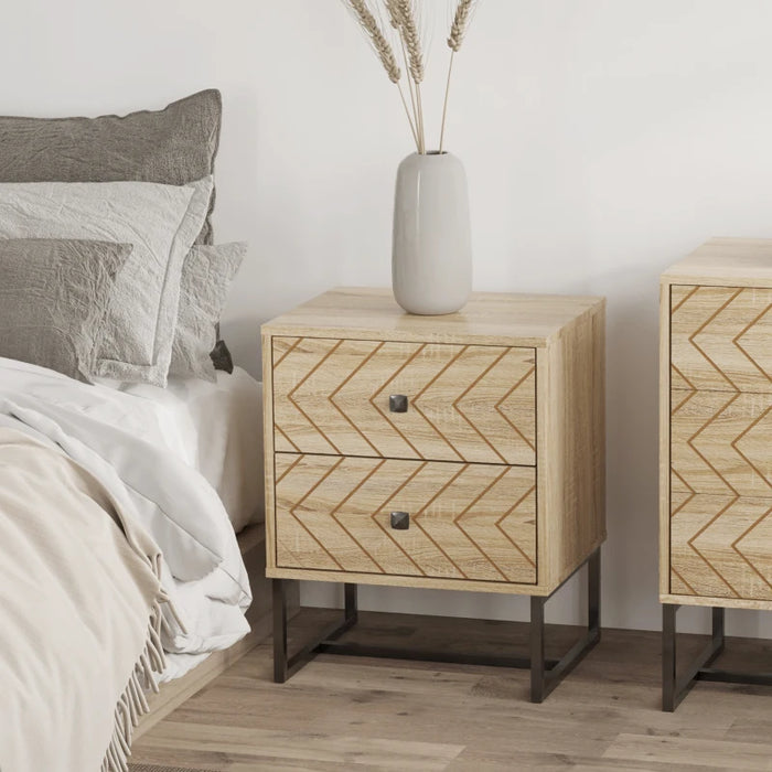 2 Drawer Nightstand, Zig Zag Design With Black Metal Handles