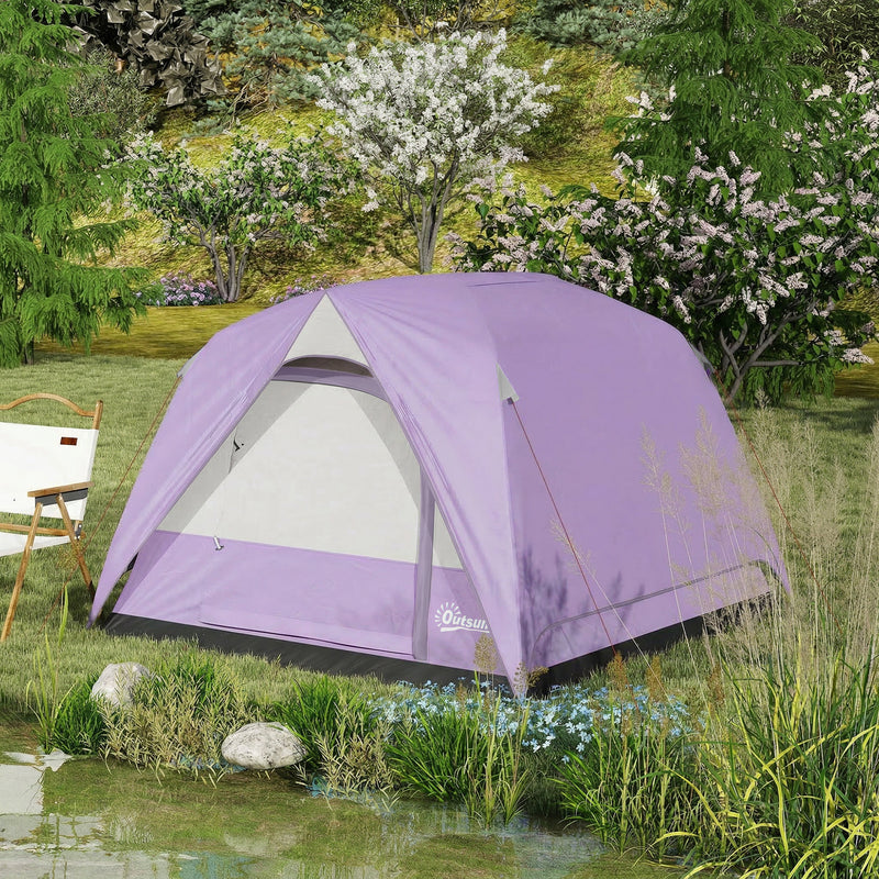 3 Person Waterproof Dome Tent for Quick Camping Shelter with Mesh Windows Purple Grey