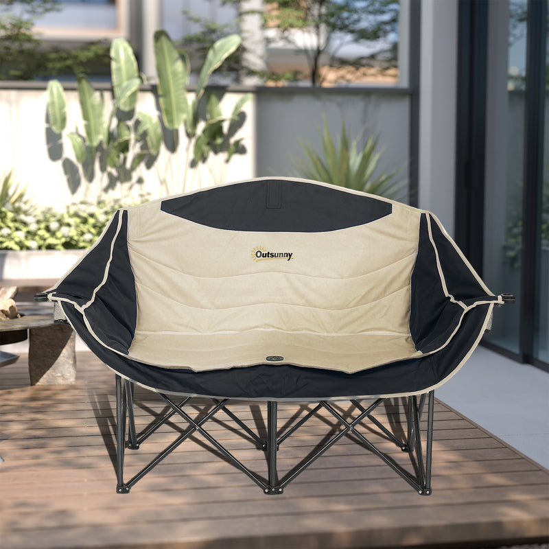 Double Camping Chair for Two with Padded Seats and Carry Bag for Outdoor Relaxing Khaki