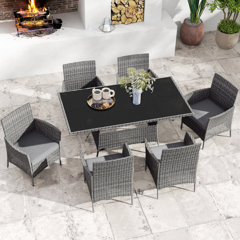 7 Seater Rattan Garden Dining Set With Cushions and Glass Top Table Charcoal Grey by Outsunny