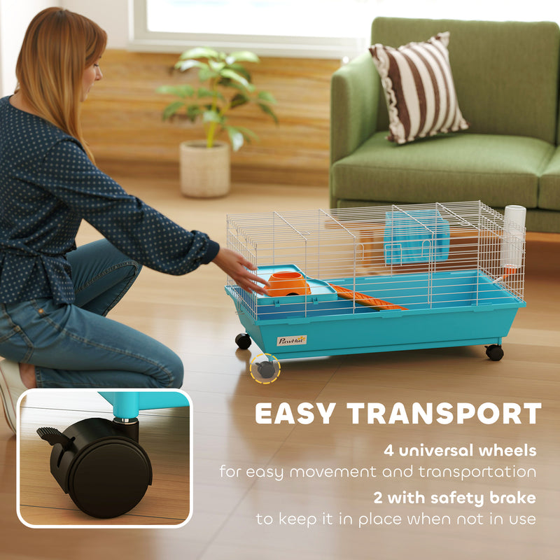 Small Animal Cage with Deep Base and Easy Access Doors for Rabbits and Guinea Pigs Blue AOSOM