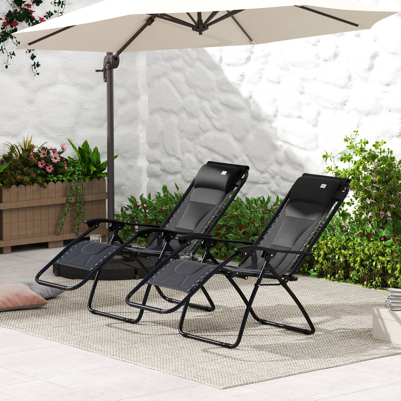 Set of 2 Black Zero Gravity Outdoor Recliner Chairs with Cushion and Cup Holder by Outsunny