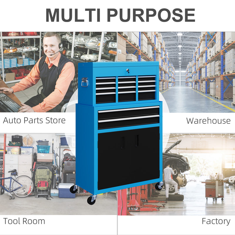 Portable Metal Tool Chest with 6 Drawers and Wheels for Garage and Workshop Use Blue