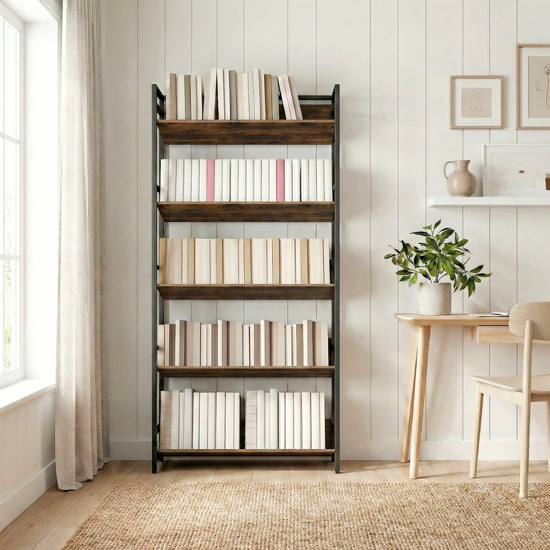 Bookcase and Room Divider with Five Secure Shelves for Organised Living Rustic Brown Black AOSOM