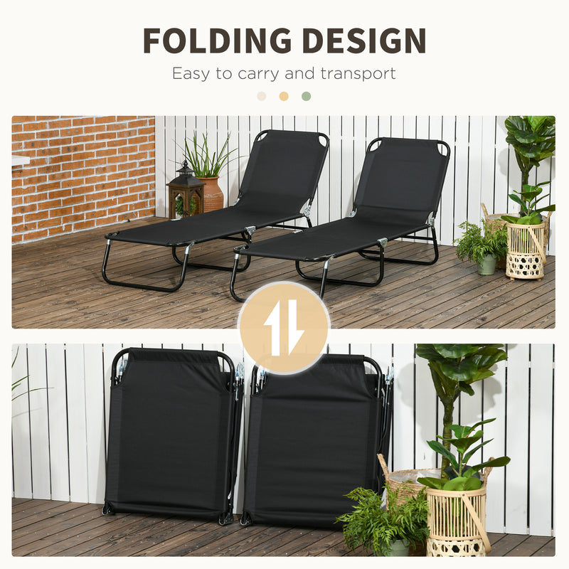Set of 2 Black Folding Sun Loungers with Metal Frame Ideal for Garden or Patio Use