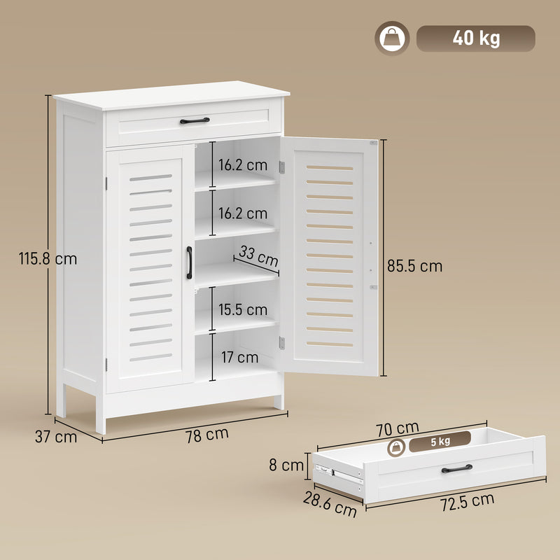 White Shoe Storage Cabinet For Hallway with Louvered Doors Adjustable Shelves and Drawer 78x37x115cm Homcom