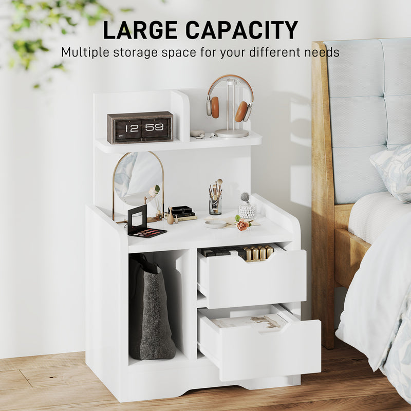 Modern Bedside Table with 2 Drawers and Open Storage Shelves for Bedroom White