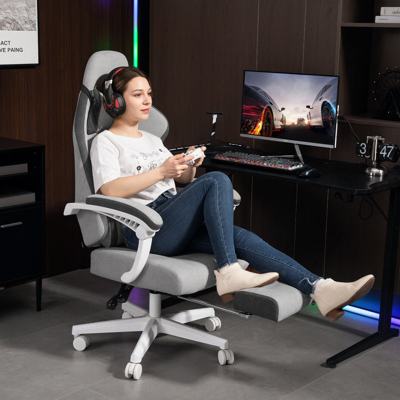 Grey Velvet Reclining Gaming Chair With Footrest And Lumbar Support For Home Office