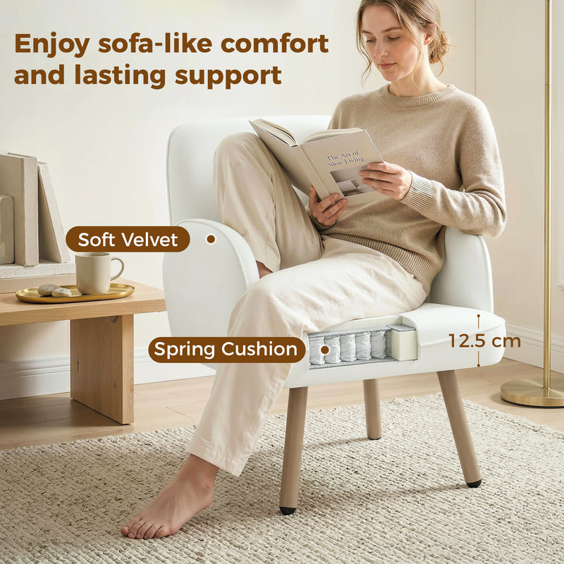 Velvet Armchair with Supportive Cushion and Sturdy Frame for Living Room or Bedroom Cream White Homcom