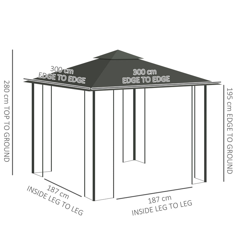 Grey 3 x 3m Steel Frame Garden Gazebo with Drapes, Double Roof for Outdoor Shade