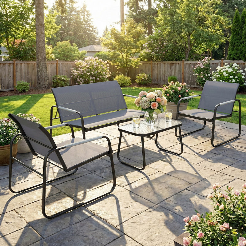 4 Piece Garden Furniture Set with Breathable Mesh Seats and Glass Table. Grey/Black