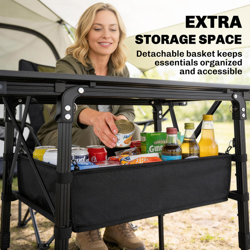 Foldable Outdoor Table with Storage Basket for Picnics and Camping Black
