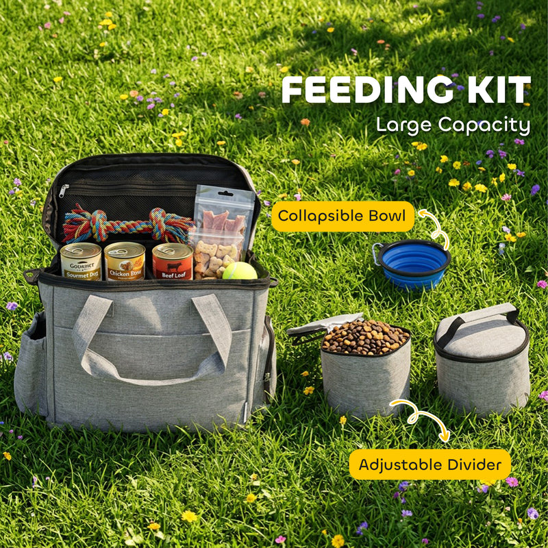 Pet Travel Organiser Bag with Insulated Food Containers and Collapsible Bowl Light Grey