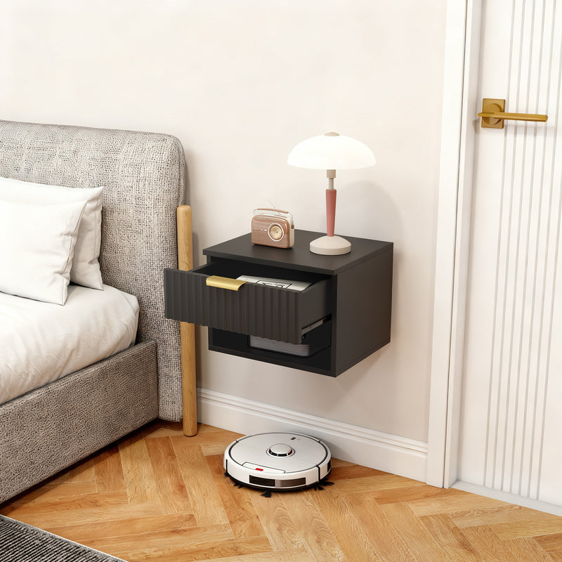 Set of 2 Floating Bedside Tables with Drawer and Shelf for Easy Cleaning Black Gold