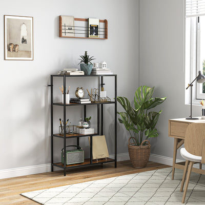 Rustic Brown 4 Tier Open Bookshelf With Wood Shelves For Living Room Or Office