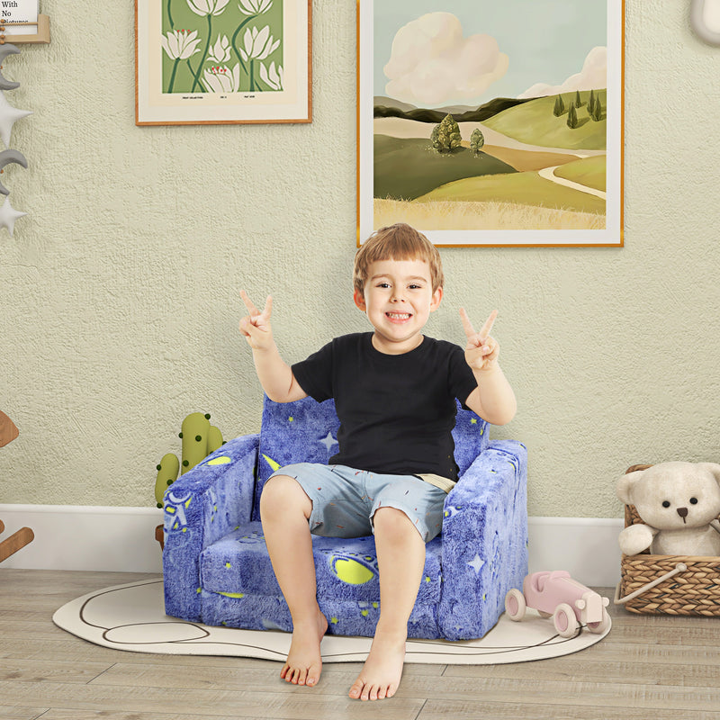 2 in 1 Kids Folding Bed and Armchair with Glow in the Dark Cushion Cover, Blue