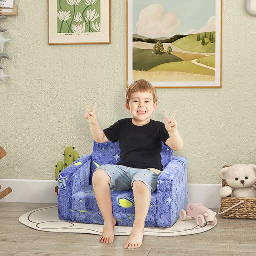 2 in 1 Kids Folding Bed and Armchair with Glow in the Dark Cushion Cover, Blue