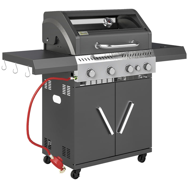 Black 4+1 Burner Gas BBQ Grill with Clear View Lid and Side Table for Outdoor Cooking by Outsunny