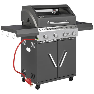 Black 4+1 Burner Gas BBQ Grill with Clear View Lid and Side Table for Outdoor Cooking by Outsunny