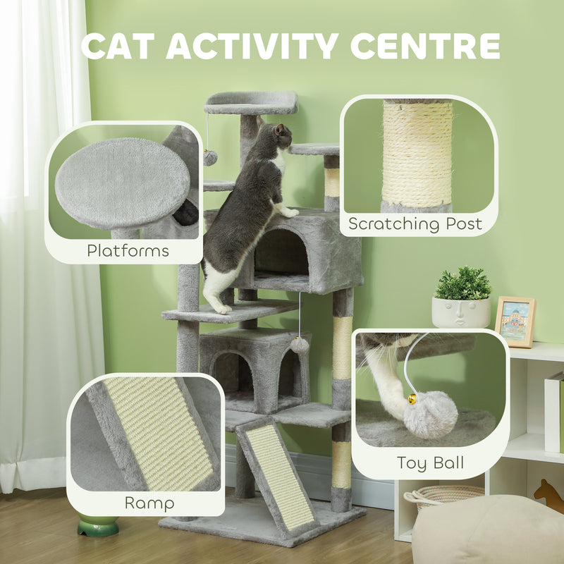 Light Grey 138cm Multi Level Cat Tree With Condos Scratching Posts And Hanging Toys