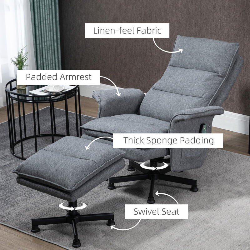 Swivel Recliner Massage Armchair With Footstool And Remote For Home Comfort Grey