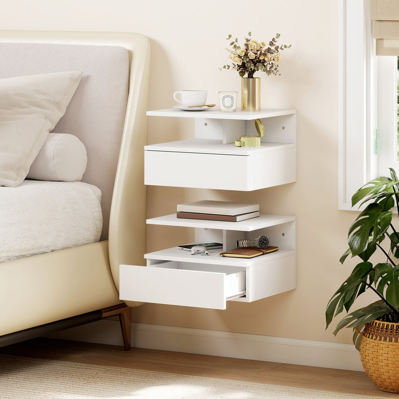 Floating Bedside Cabinets Set of 2 with Drawer and Shelf Space Saving Storage White AOSOM