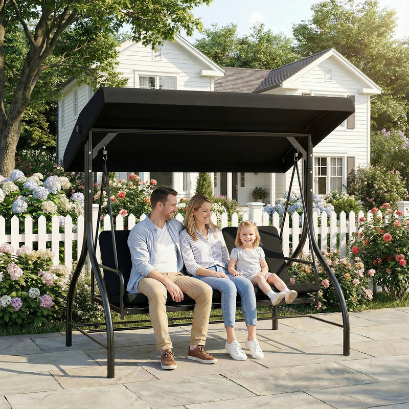 3 Seater Garden Swing Seat with Adjustable Canopy and Fold Flat Bed for Outdoor Relaxing Black