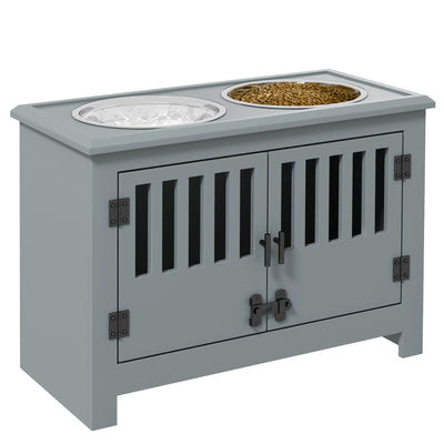 Raised Dog Feeding Station With Storage And Stainless Steel Bowls For Large Dogs, Grey