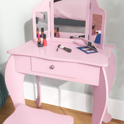 Kids Dressing Table Set with Tri Folding Mirror Drawer and Stool for Bedrooms Pink