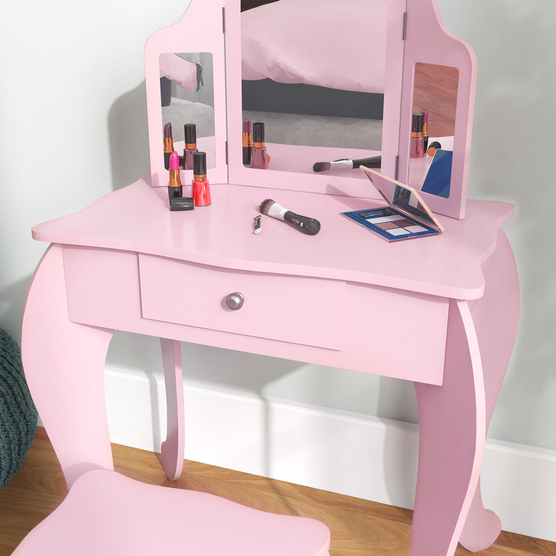 Kids Dressing Table Set with Tri Folding Mirror Drawer and Stool for Bedrooms Pink