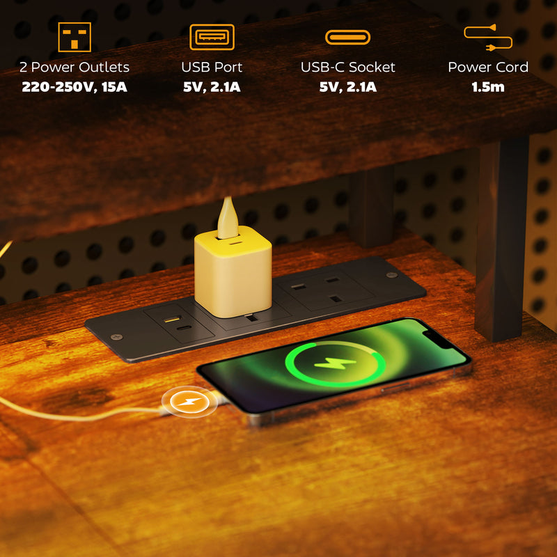 Rustic Brown Computer Desk with LED Lights and Power Outlets 120cm by HOMCOM