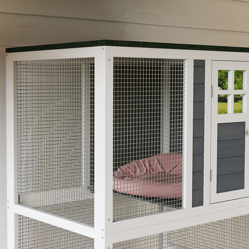 Wooden Outdoor Catio Enclosure With Platforms and Roof For Multiple Cats, White