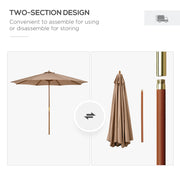 3m Wooden Garden Parasol with 8 Ribs for Outdoor Patio Sun Shade Shelter Khaki AOSOM