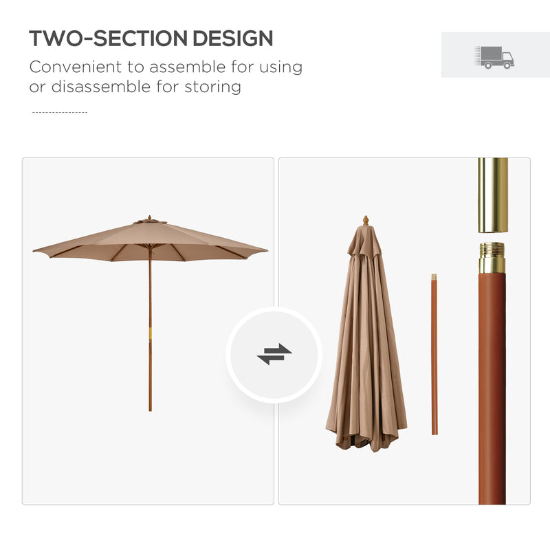 3m Wooden Garden Parasol with 8 Ribs for Outdoor Patio Sun Shade Shelter Khaki AOSOM