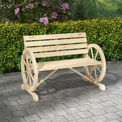 Rustic Wooden Garden Loveseat Bench With Wagon Wheel Armrests by Outsunny