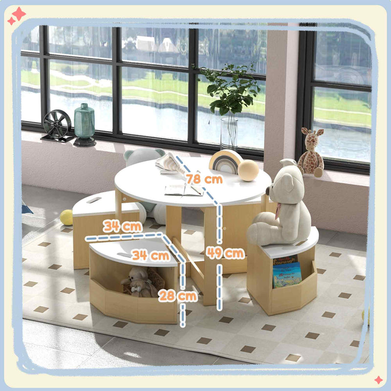 5 Piece Kids Table and Chairs Set with Storage Ideal for Ages 3 to 8 Years White AOSOM