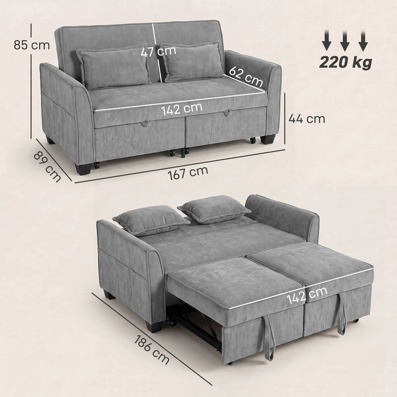 4 in 1 Sofa Bed with Independent Pull Out Beds and Storage Pockets for Small Spaces Grey