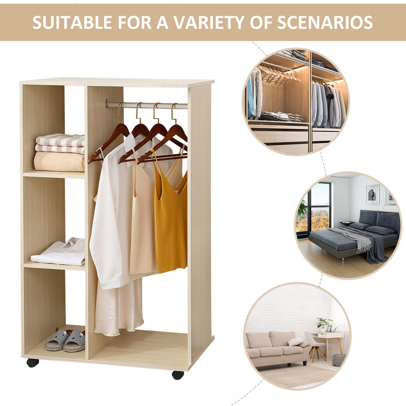 Open Wardrobe with Shelves and Wheels for Easy Clothes Organisation Maple Wood Effect AOSOM