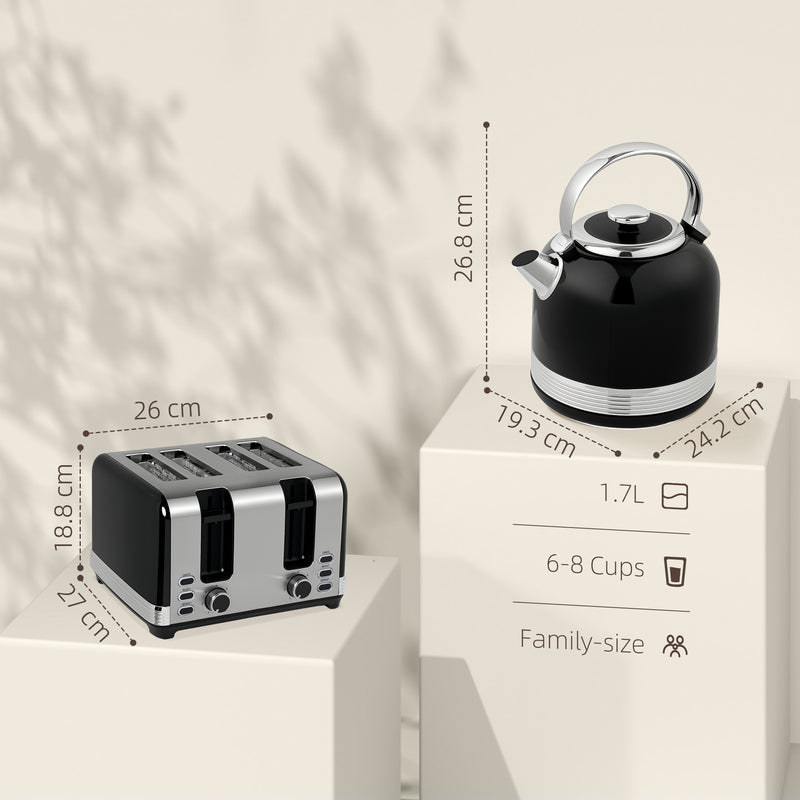 Black Polished Metal Cordless Kettle and Toaster Set for Modern Kitchens by HOMCOM