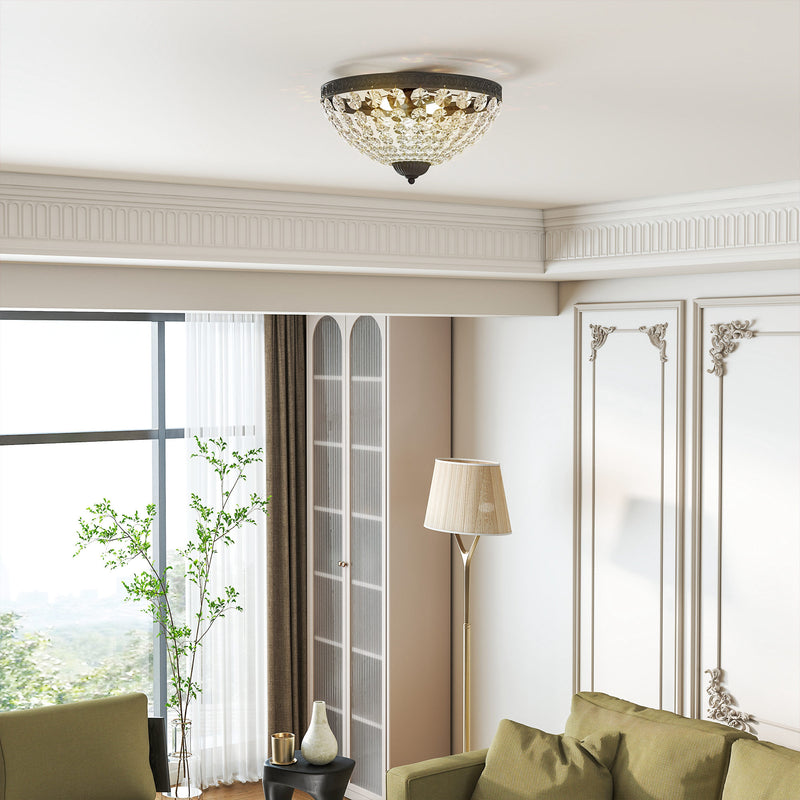 2 Light Flush Mount Crystal Chandelier with 168 Beads Ideal for Lounge or Bedroom, Black