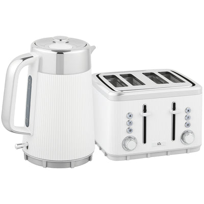 Electric Kettle and 4 Slice Toaster Set with Rapid Boil and Browning Control, White