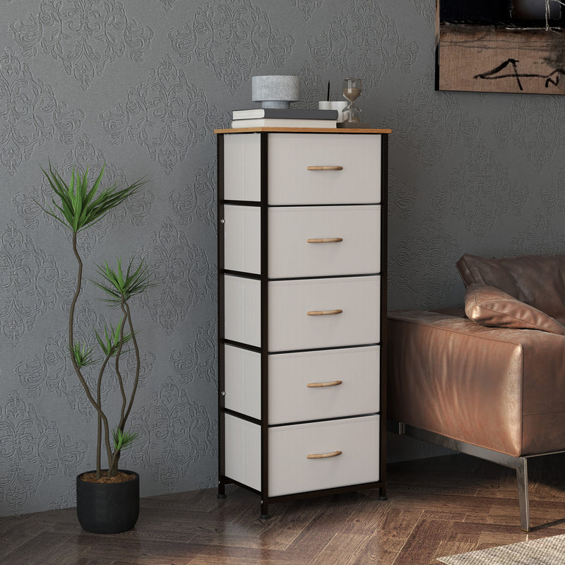 Cream White Fabric Chest of Drawers with 5 Storage Drawers and Wooden Top by HOMCOM