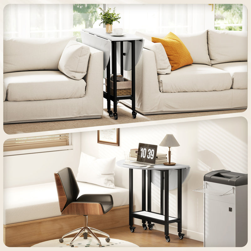 Folding Dining Table with Storage Shelf for Small Spaces on Wheels White Marble AOSOM