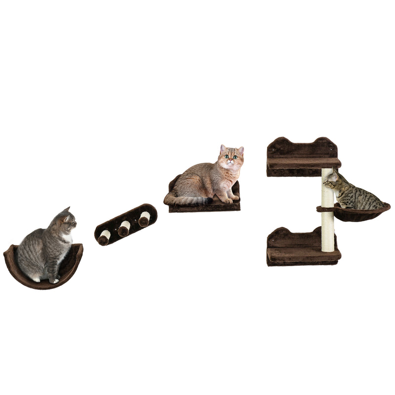 Wall Mounted Cat Shelves with Hammock Nest and Scratching Post for Climbing Fun Brown